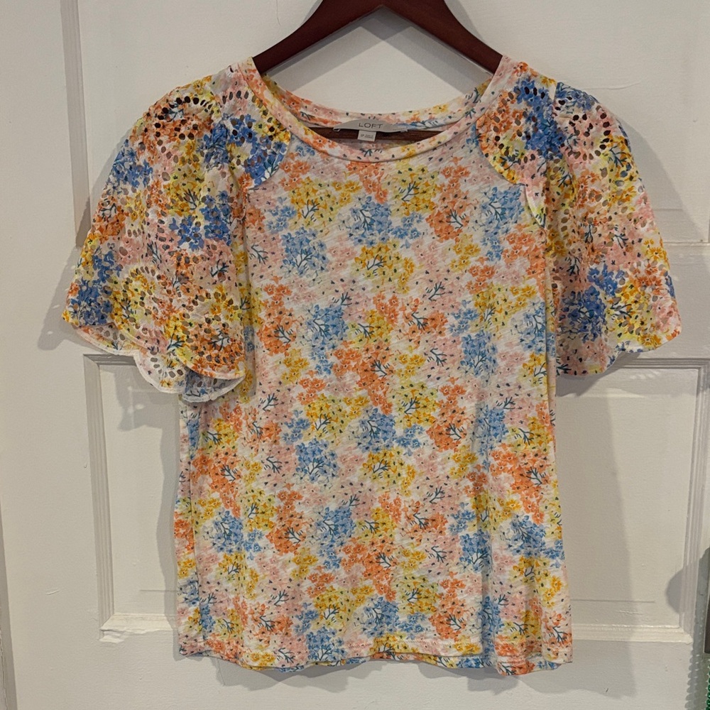 LOFT Floral Lace Sleeve Blouse in Blue, Yellow, and Orange Size SP